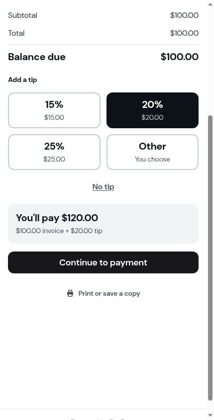 The Add a tip step on the customer's invoice