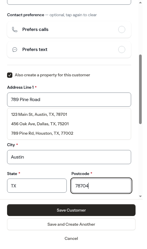 Save Customer and Save and Create Another buttons at the bottom of the form