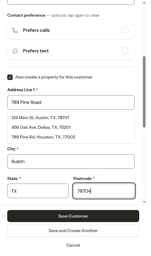 Save Customer and Save and Create Another buttons at the bottom of the form