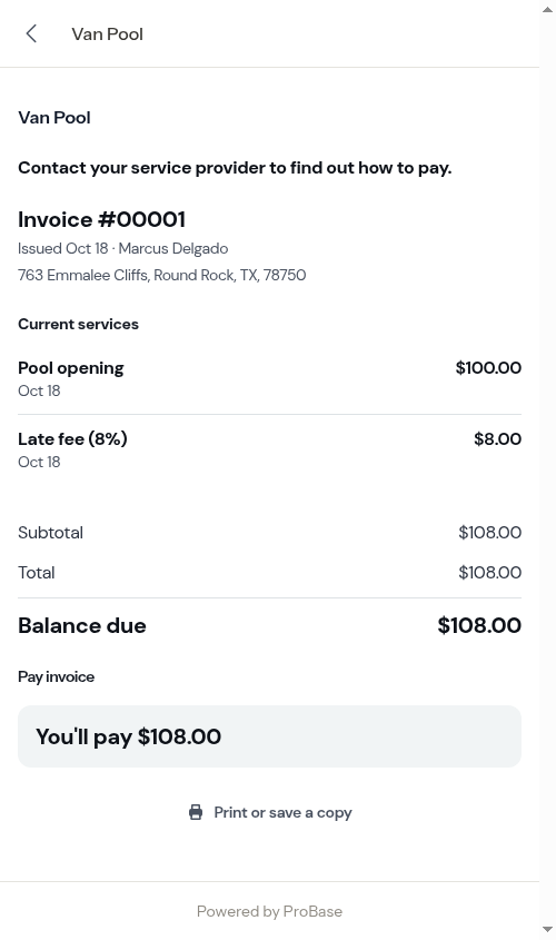 The customer's copy of the invoice with the late fee charge
