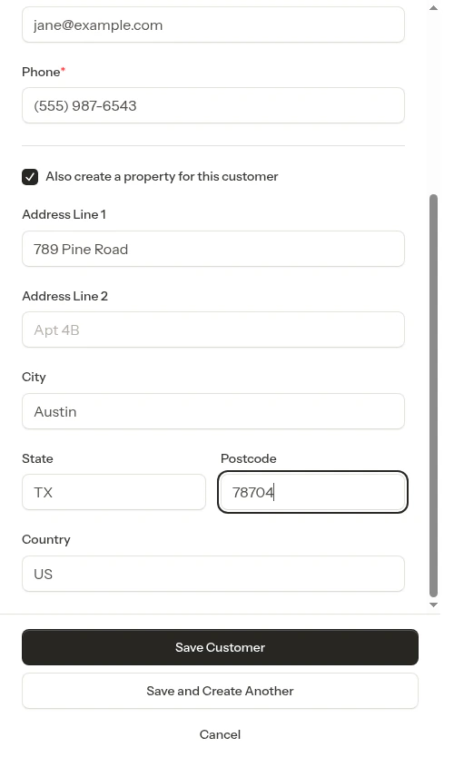 Save Customer and Save and Create Another buttons at the bottom of the form