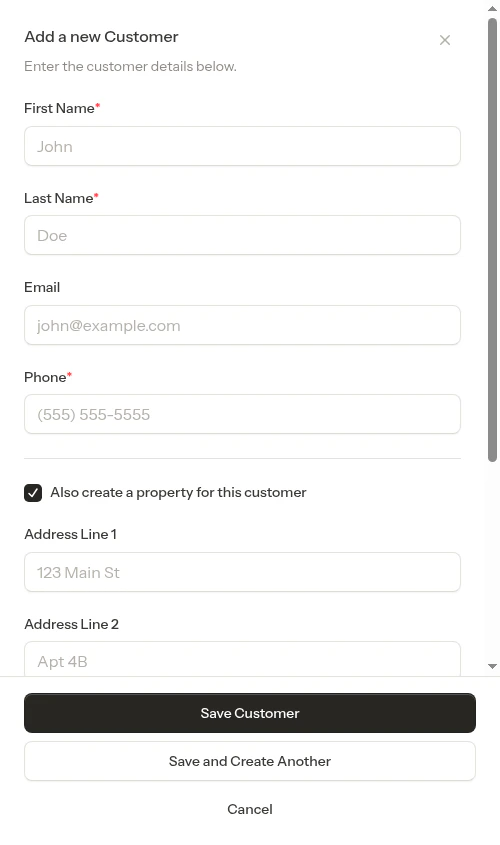 Customer creation form opened from the empty schedule