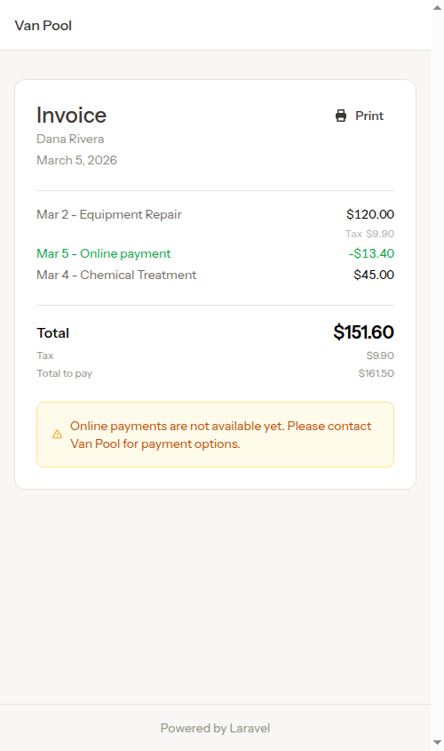 Invoice with charges, taxes, and credits
