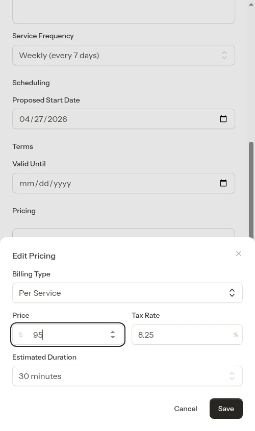 Pricing editor with updated price