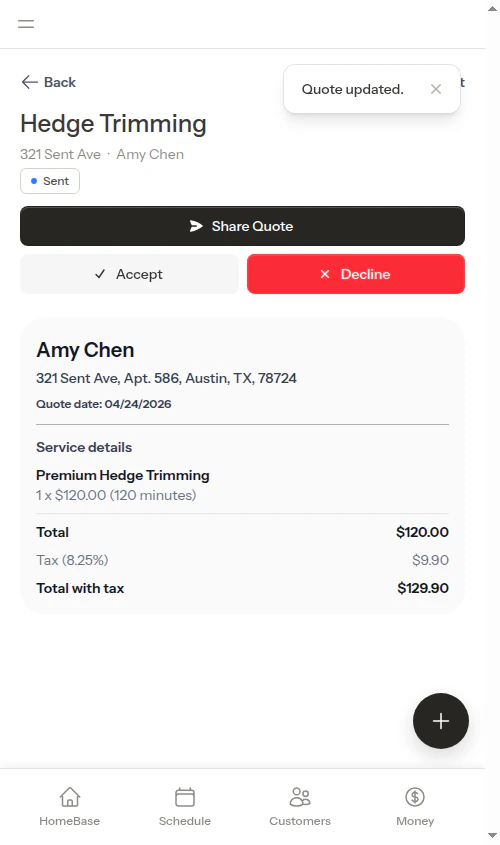 Sent quote after saving changes