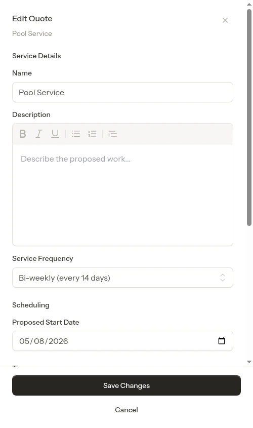 Edit quote modal showing pricing card and line items