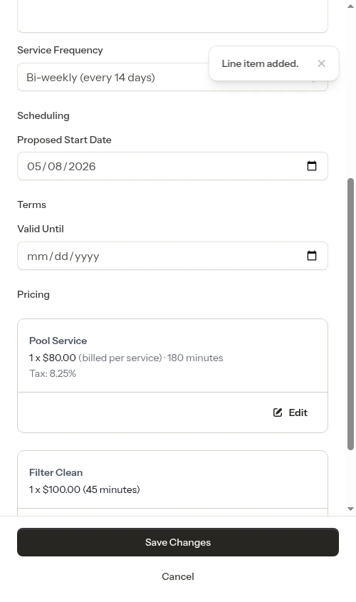 Service item added to quote