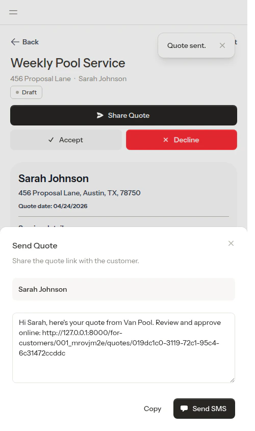 SMS compose modal with quote link