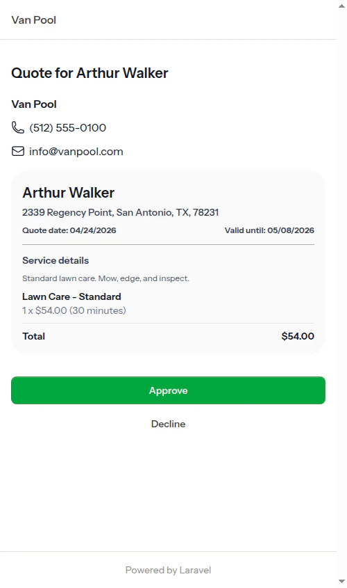 Customer view of a sent quote