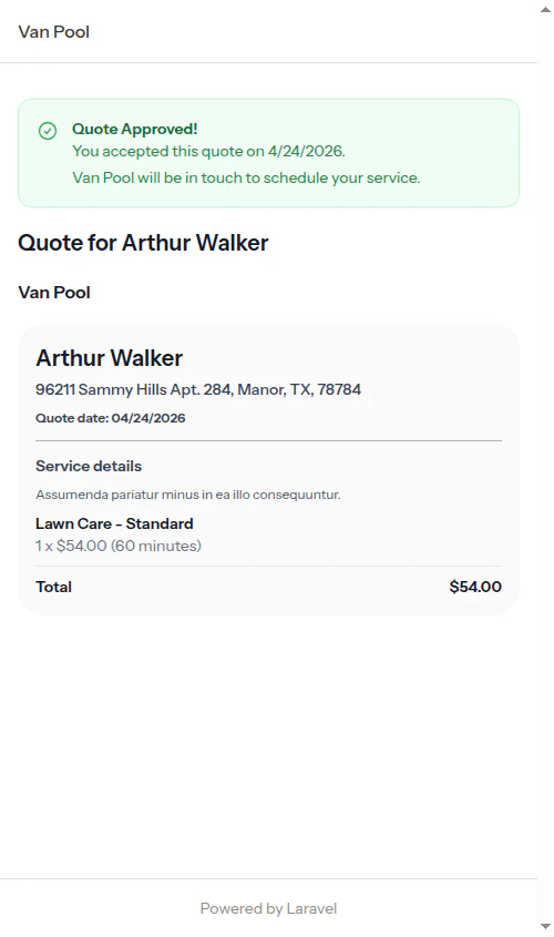 Quote approved state shown to customer