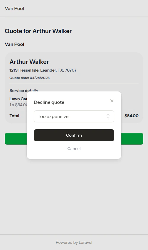Decline modal with reason selection