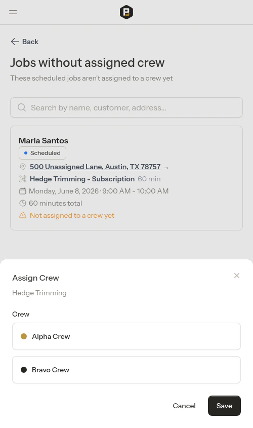 Assign Crew modal opened from the list