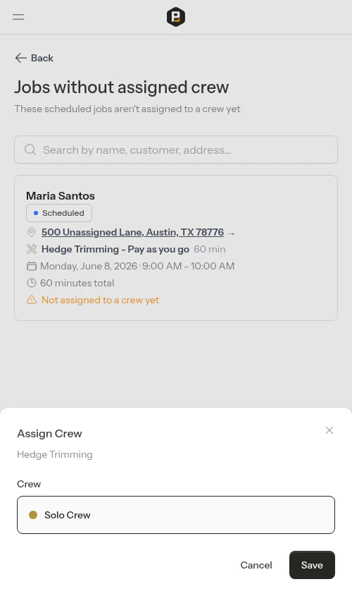 Single crew pre-selected in the Assign Crew modal
