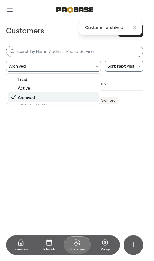 The status filter dropdown on the customer list