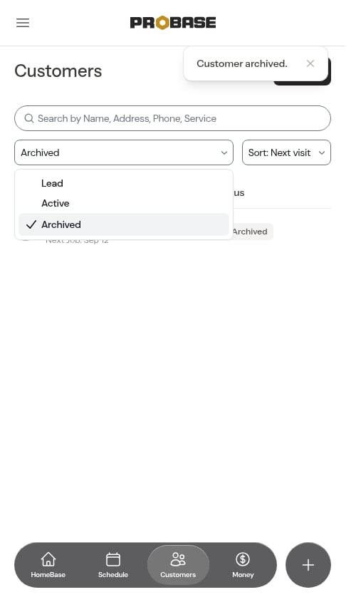 The status filter dropdown on the customer list