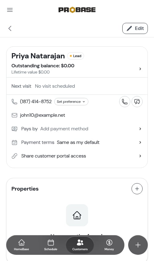The Payment terms row on the customer's top card