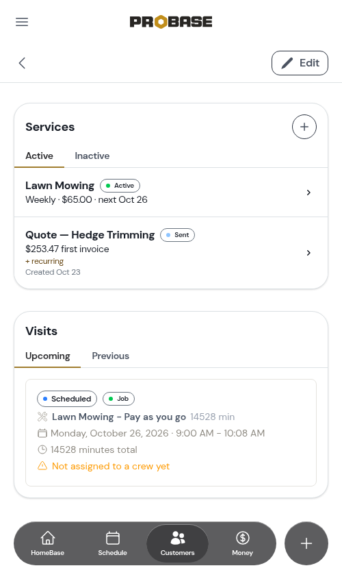 Services card, Active tab
