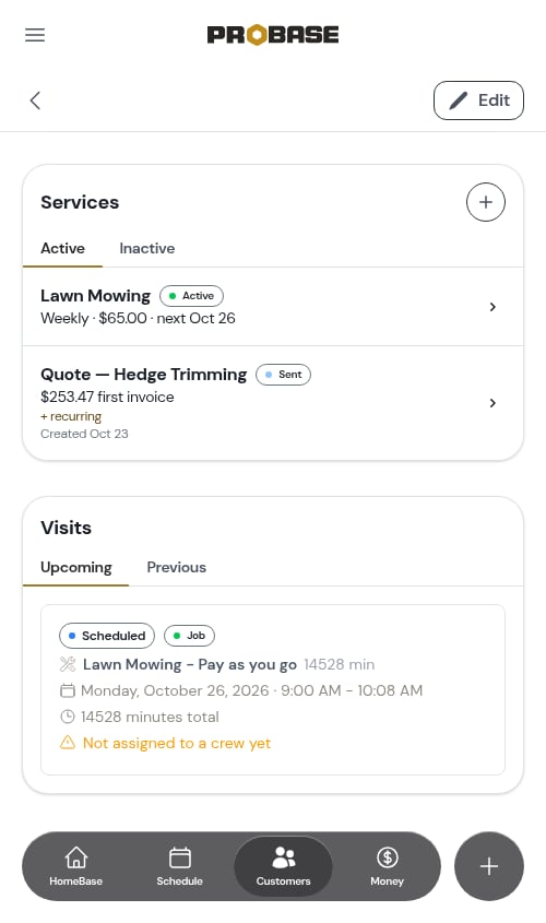 Services card, Active tab
