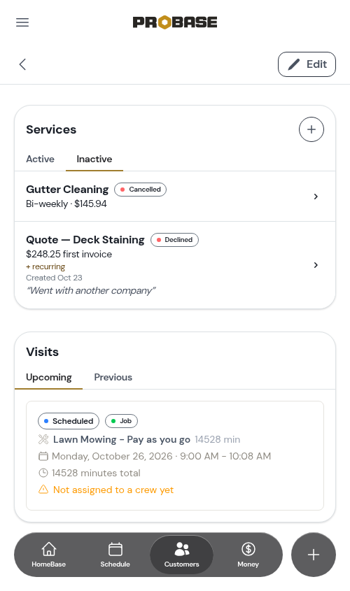 Services card, Inactive tab
