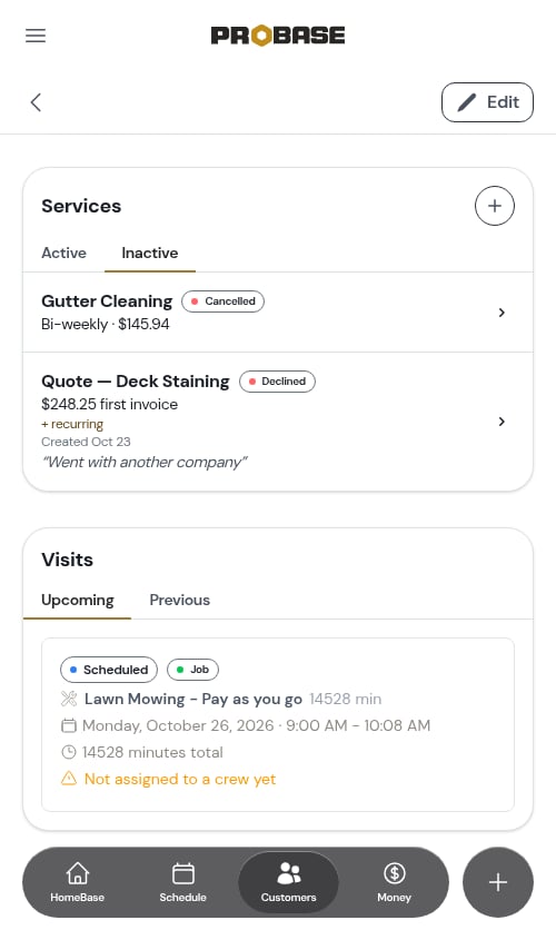 Services card, Inactive tab