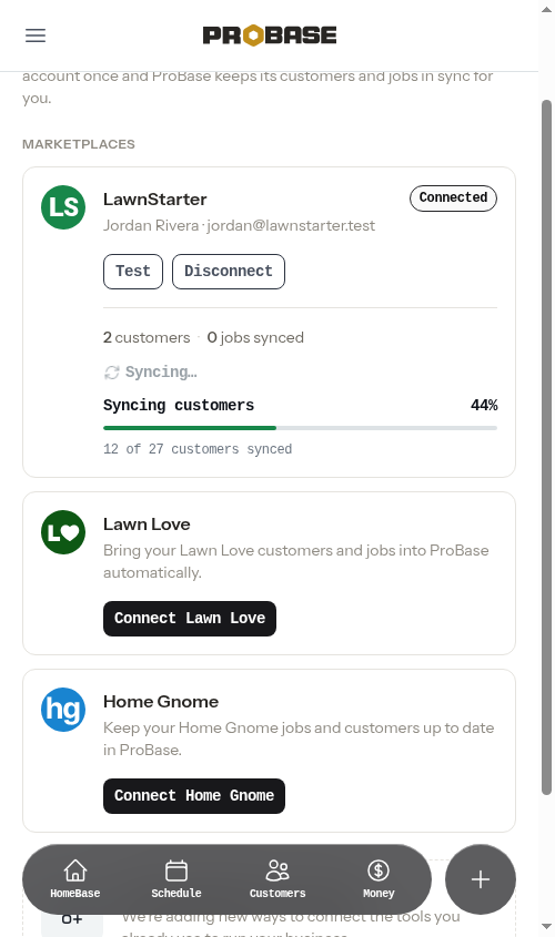A LawnStarter card mid re-sync with a progress bar reading 12 of 27 customers synced