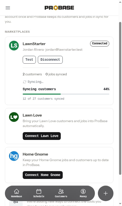 A LawnStarter card mid re-sync with a progress bar reading 12 of 27 customers synced