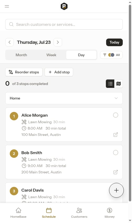 Calendar with crew selected and Reorder stops button visible