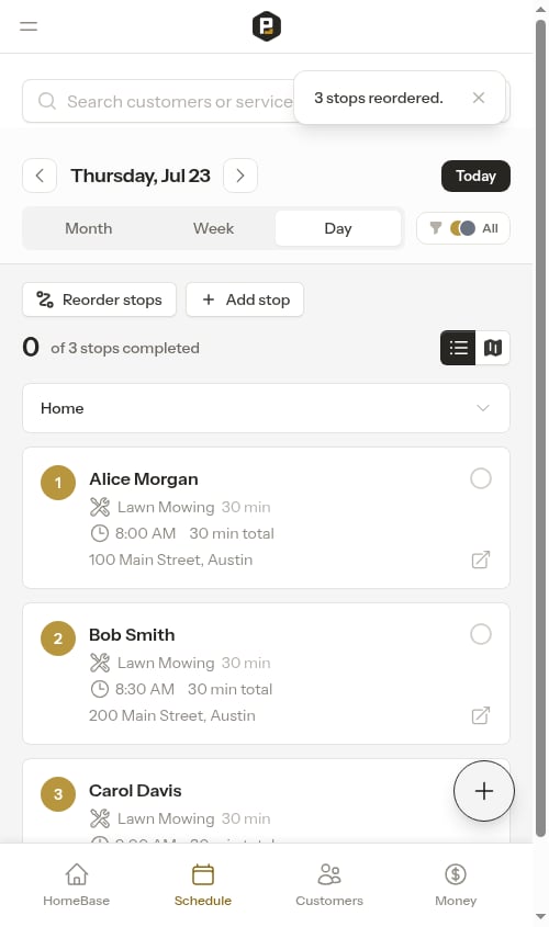 Calendar after saving the reordered route