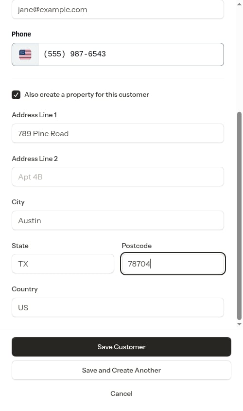 Save Customer and Save and Create Another buttons at the bottom of the form