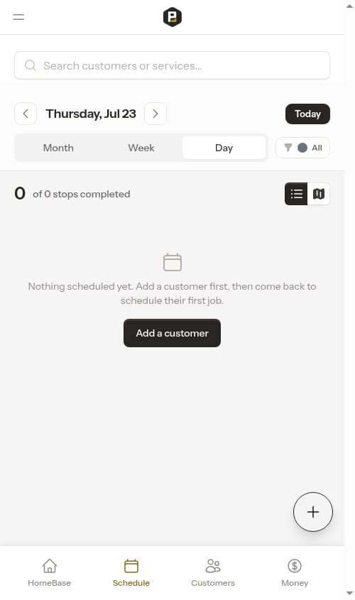 Empty day prompting you to add your first customer