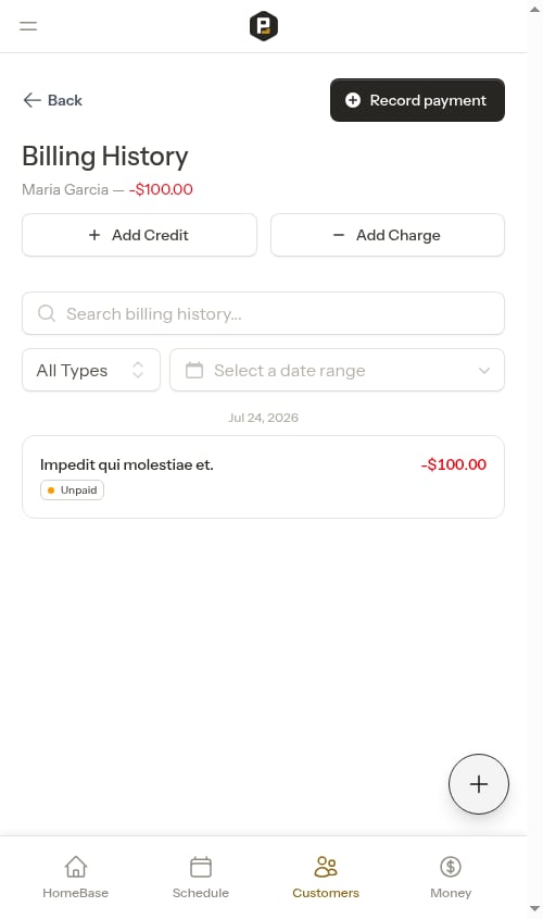 Billing page showing customer balance