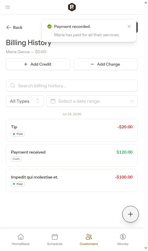 Billing history showing payment and tip entries