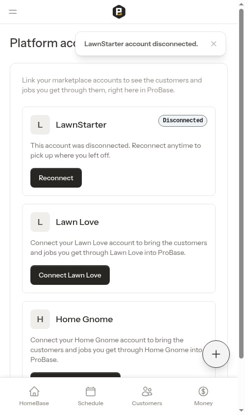 A disconnected LawnStarter account showing a Reconnect button