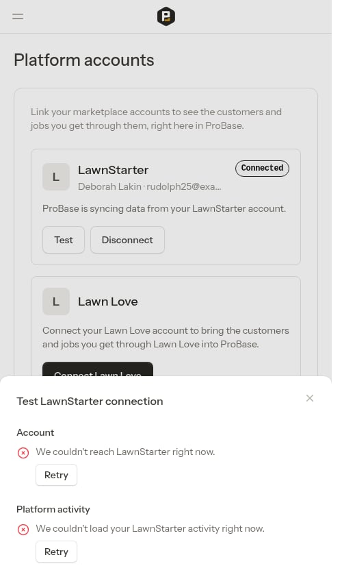 Test connection window showing an error with a Retry button