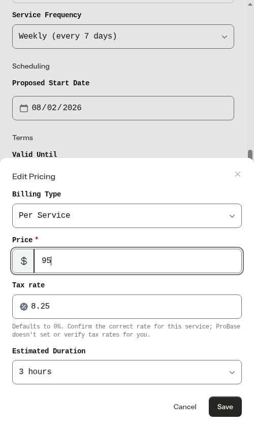 Pricing editor with updated price