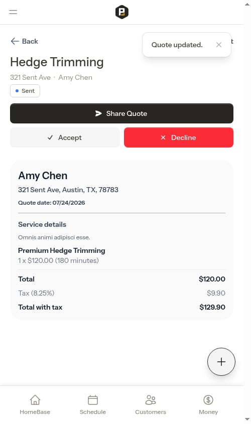 Sent quote after saving changes