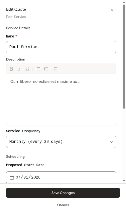 Edit quote modal showing pricing card and line items
