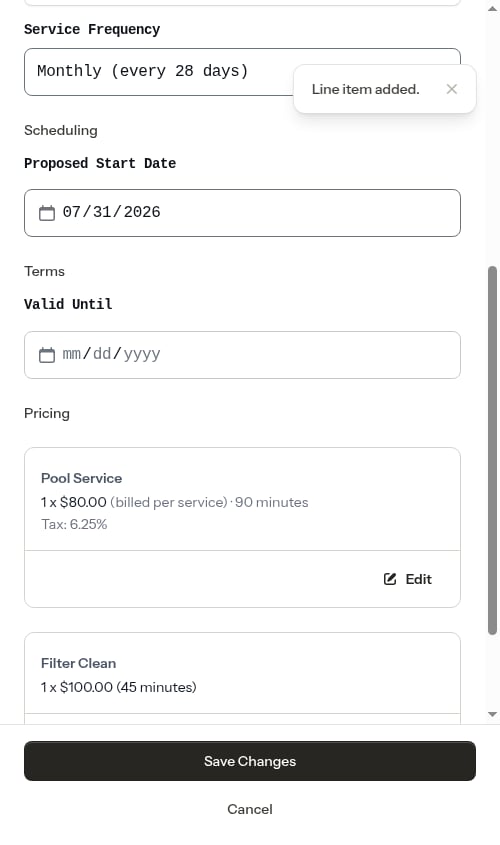 Service item added to quote