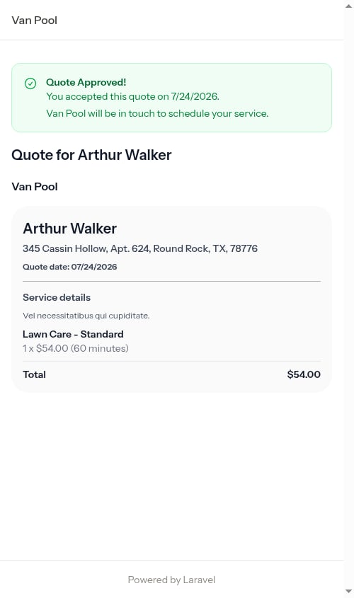 Quote approved state shown to customer