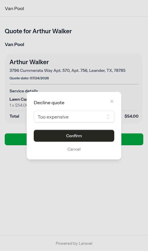Decline modal with reason selection