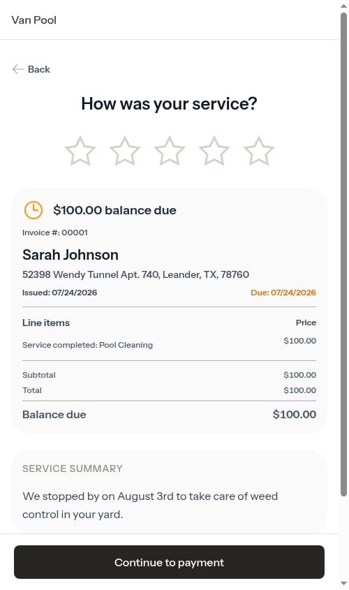 Service review screen with star rating