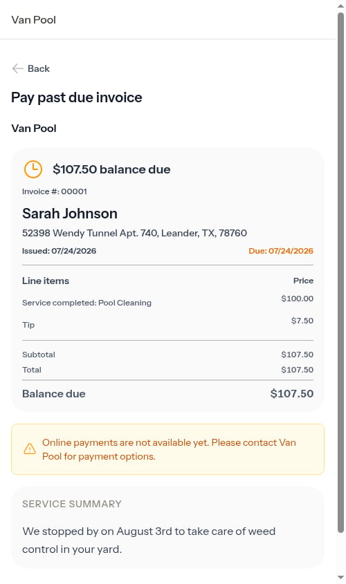 Invoice on the payment page after a custom tip was added