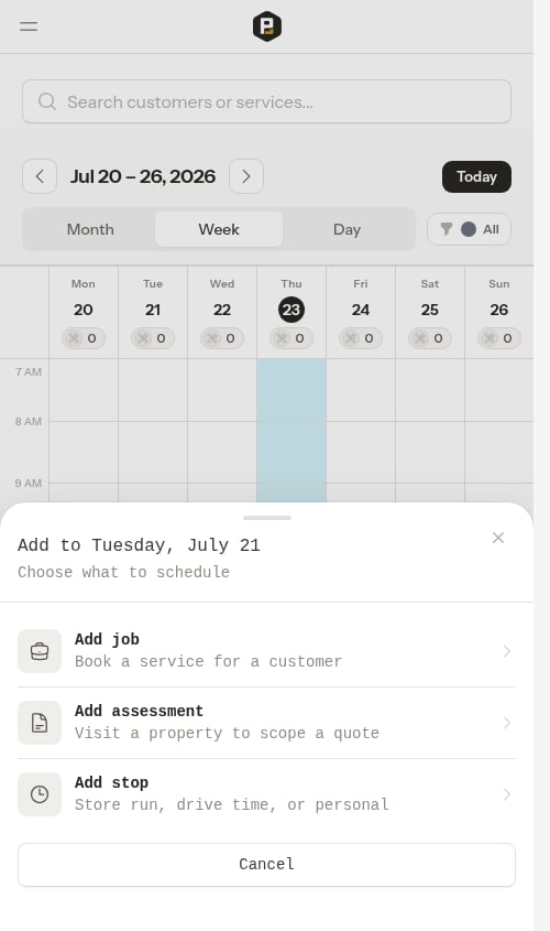 Add menu opened from an empty week cell