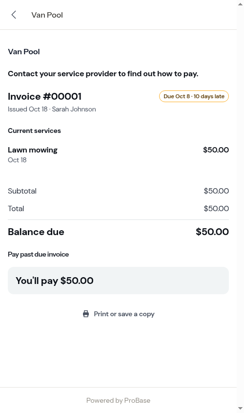 Customer invoice with the past due heading
