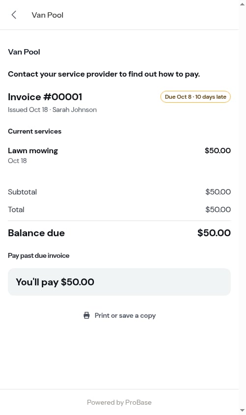Customer invoice with the past due heading