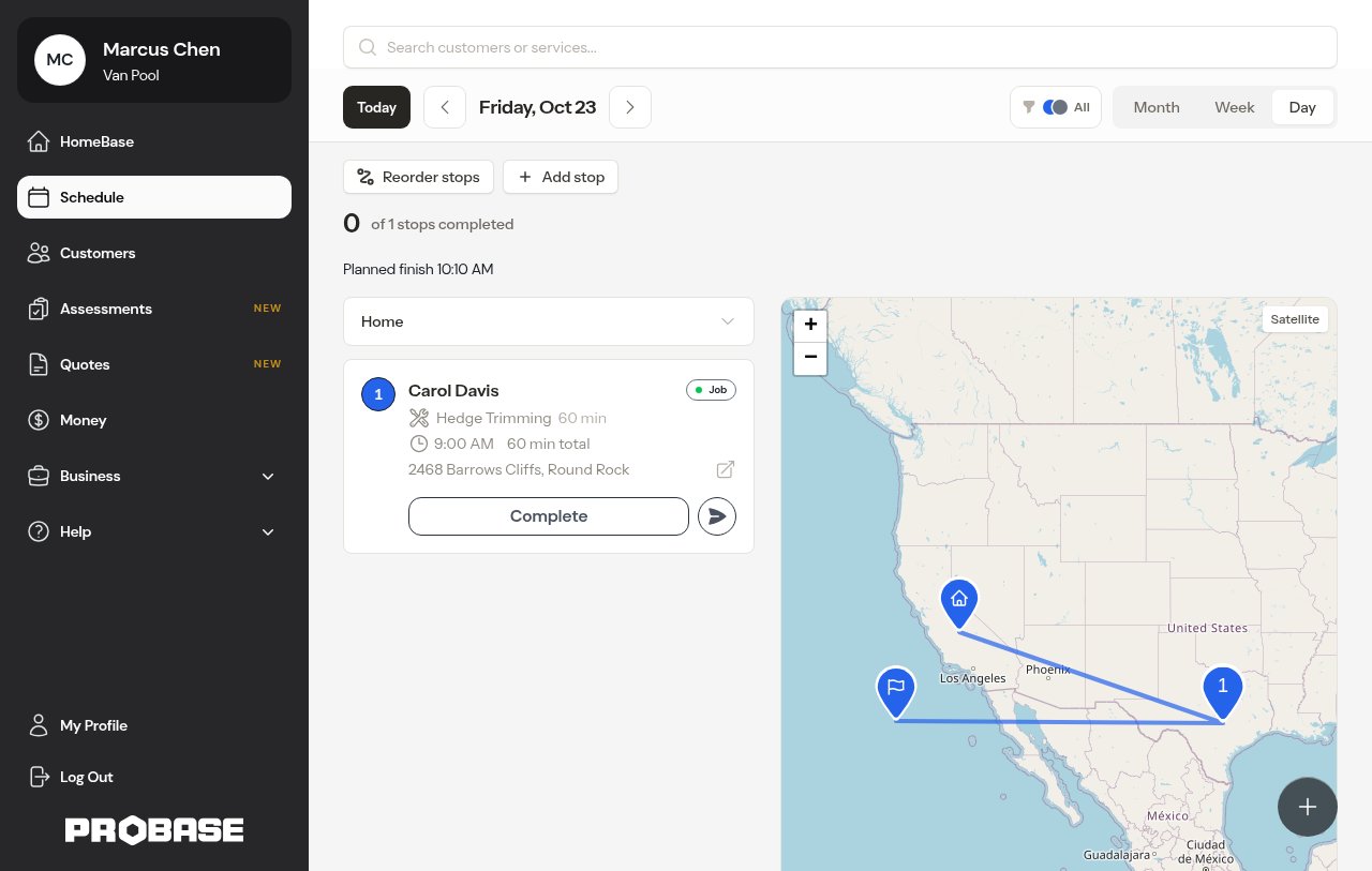 Desktop two-column day view — stop list on the left, route map on the right