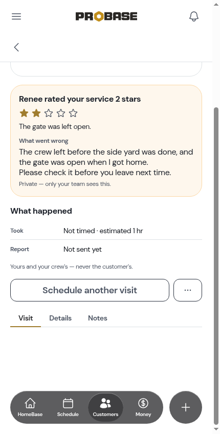 Private feedback on the visit's rating card