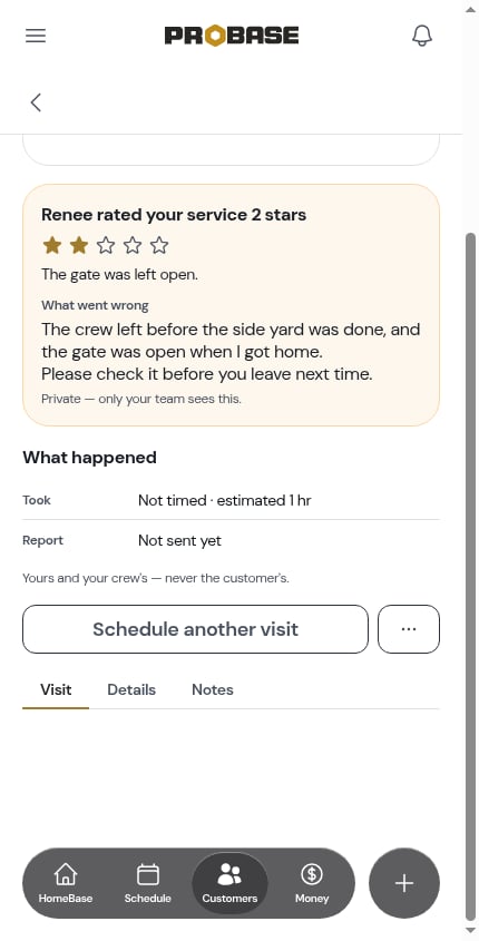 Private feedback on the visit's rating card