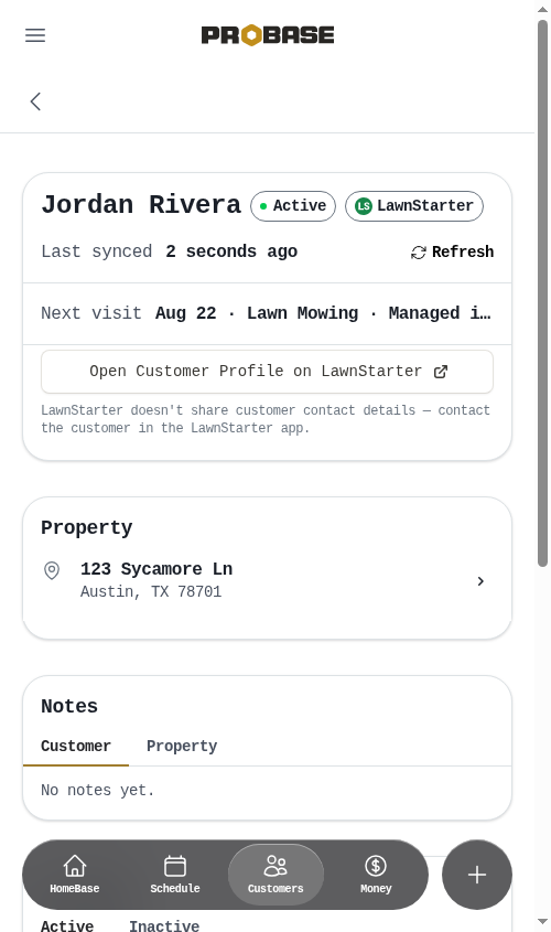 A LawnStarter customer profile in ProBase