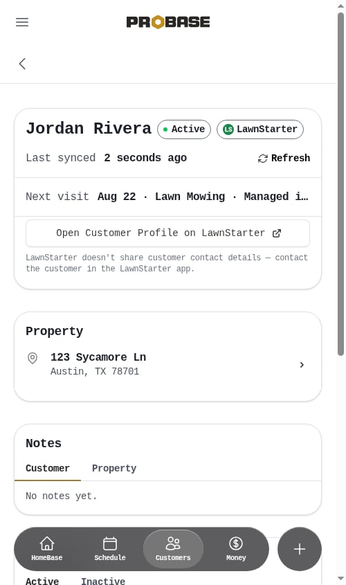 A LawnStarter customer profile in ProBase